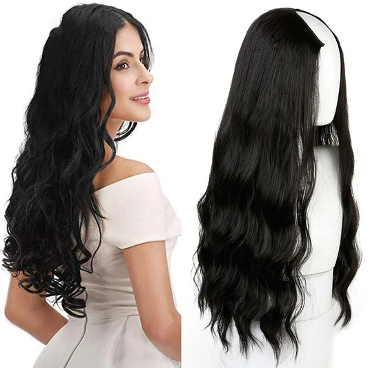 Long Wavy Culry U-Shaped Half Wig for Women 24" Natural Female Long Black Brown Wigs Heat Resistant Synthetic Hair Extensions