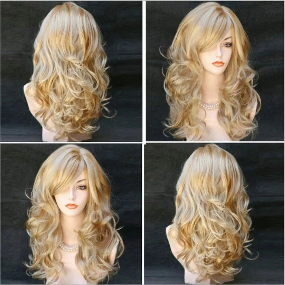 Ladies Blonde Long Curly Wigs Women Natural Wavy Synthetic Hair Cosplay Full Wig Fashion Party Supplies