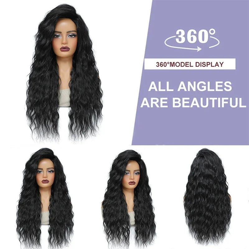 Long Curly Hair Wigs for Women 28 Inch Black Water Wave Free Part Wig Synthetic Heat Resistant Fiber Wave Wig Cosplay Daily Use