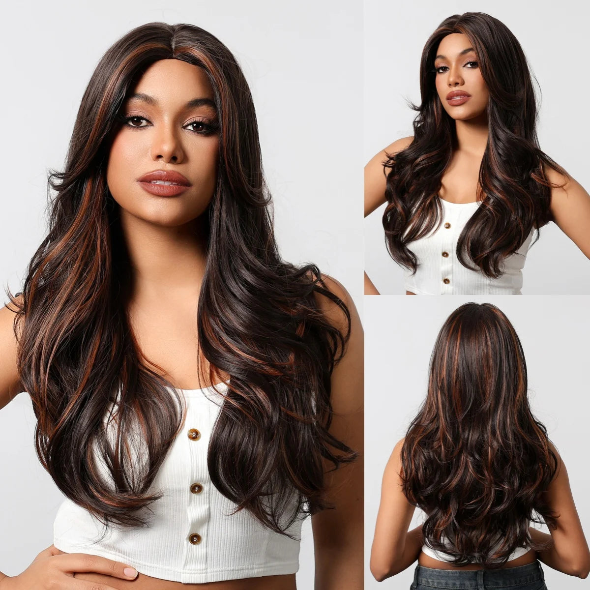 Long Curly Wavy Brown Wigs Highlights Brown Hair Synthetic Wigs For Women Daily Middle Part Natural Looking Wig High Temperature