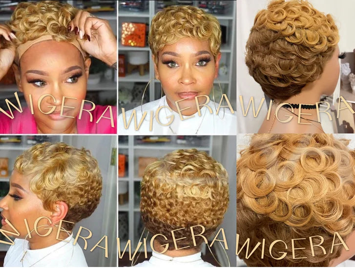 WIGERA Synthetic Short  Hairstyle  Curly Pixie Cut  Bob Wig Glond Brown/ Black/Wine Red Hair  Colored Wigs For Women