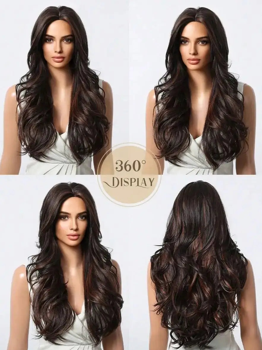 Long Curly Wavy Brown Wigs Highlights Brown Hair Synthetic Wigs For Women Daily Middle Part Natural Looking Wig High Temperature