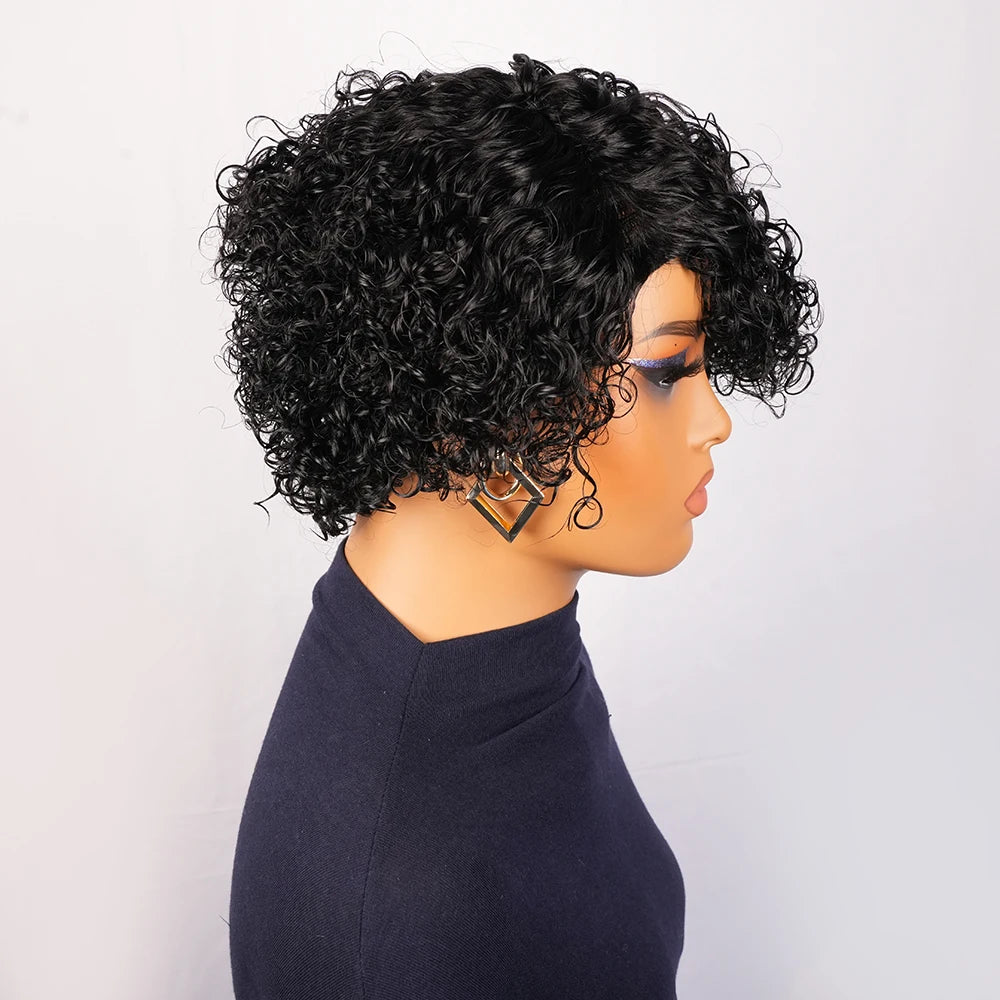 Kinky Curly Human Hair Wig Short Pixie Cut for Women with Bangs Brazilian Hair Machine Made Natural Look Side Part Daily Wear