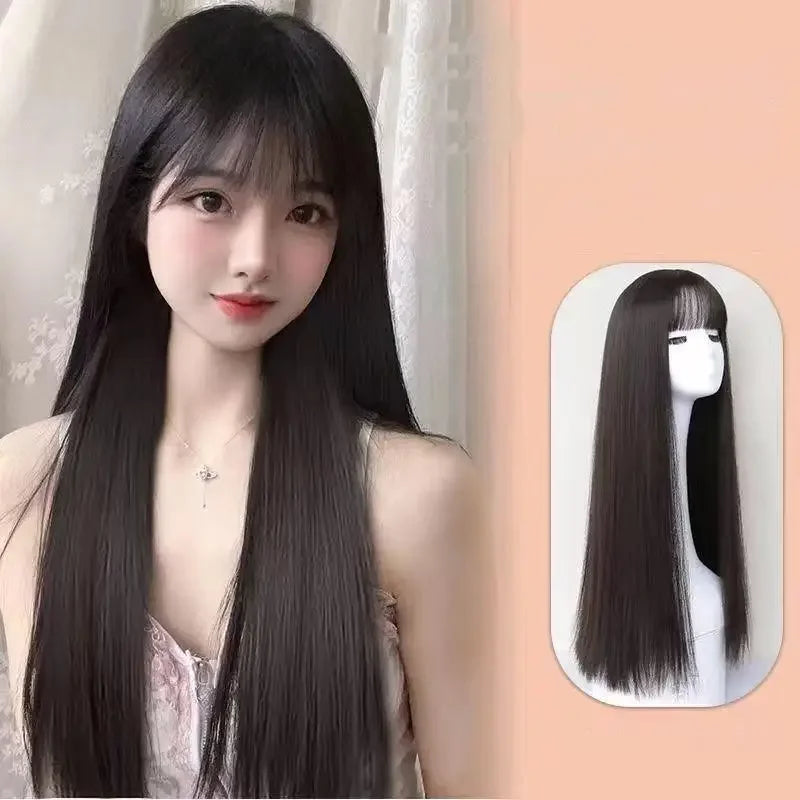 28inches Long Black Straight Wig with Bangs for Women Heat Resistant Fashionable Elegant Synthetic Wig for Cosplay and Party
