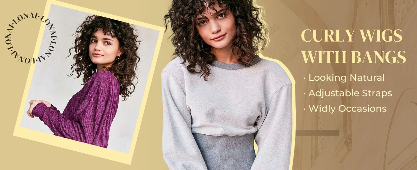 Curly Wig with Bangs for Women Long 16Inch Kinky Wigs with Wispy Bangs for Daily Use Party Cosplay-Chocolate Brown