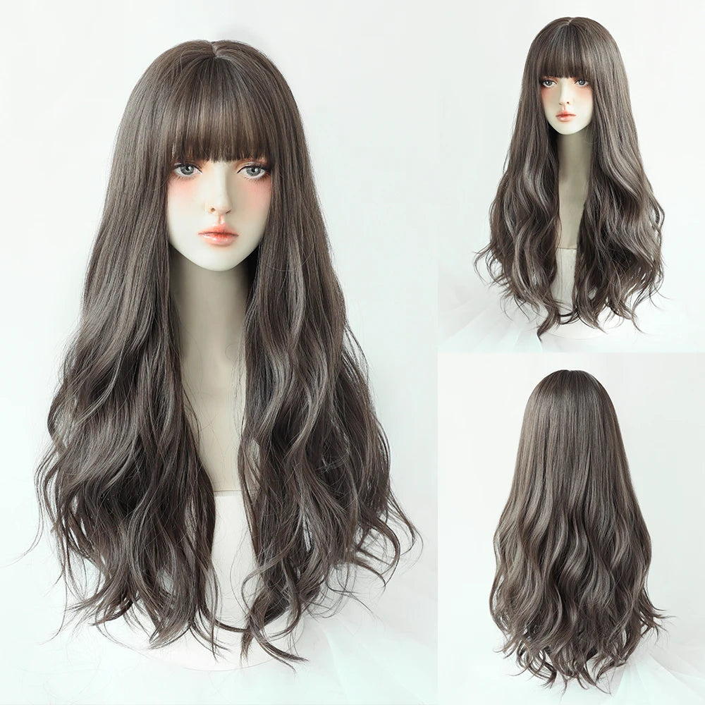 Long Curly Hair Women Wig with Bangs Daily Brown Black Pink Lolita Cosplay Braided Wigs Heat Resistant Fiber Party Fake Hair