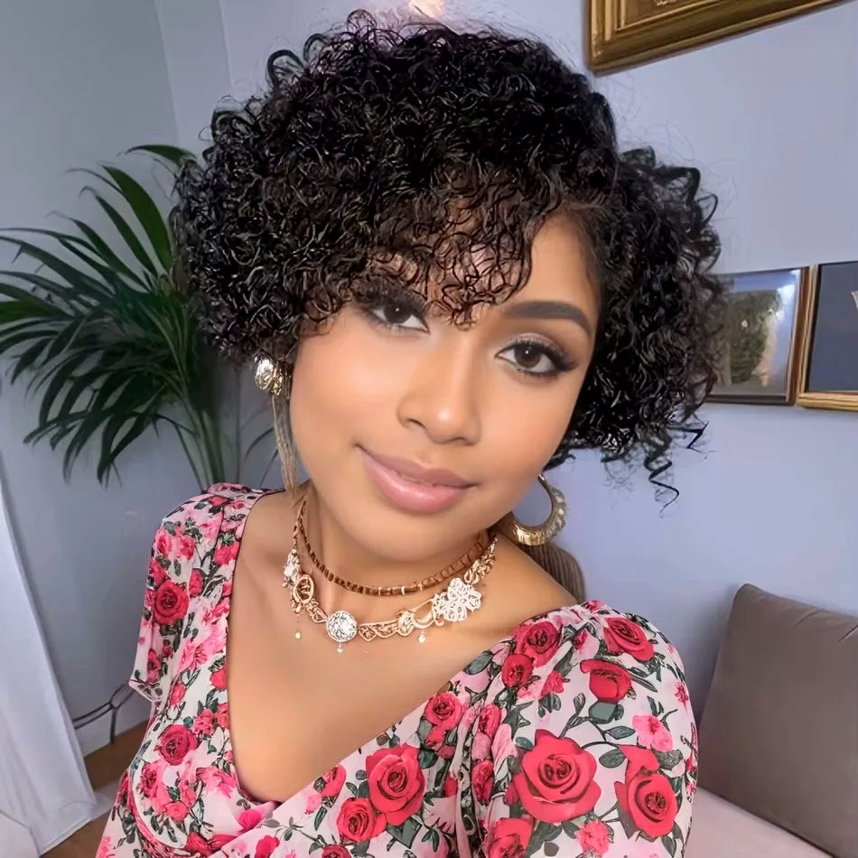 Kinky Curly Human Hair Wig Short Pixie Cut for Women with Bangs Brazilian Hair Machine Made Natural Look Side Part Daily Wear