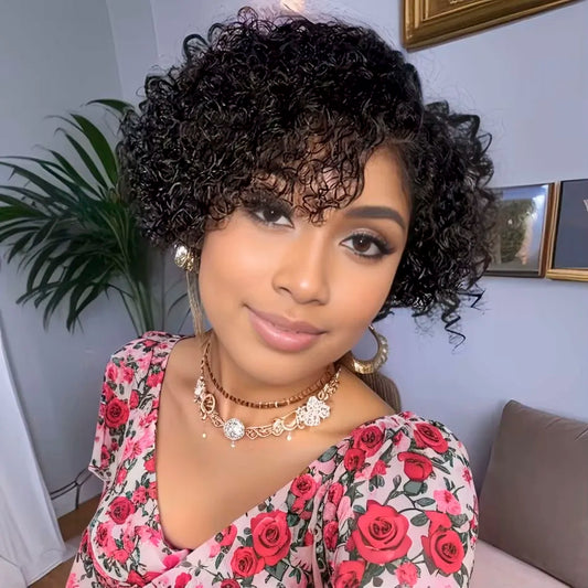Kinky Curly Human Hair Wig Short Pixie Cut for Women with Bangs Brazilian Hair Machine Made Natural Look Side Part Daily Wear