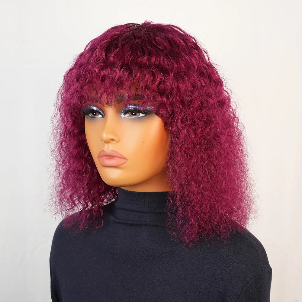 Kinky Curly Human Hair Wig with Bangs for Women Black 99J Burgundy Glueless Short Water Wave Curly Bob Wigs Human Hair with Bang