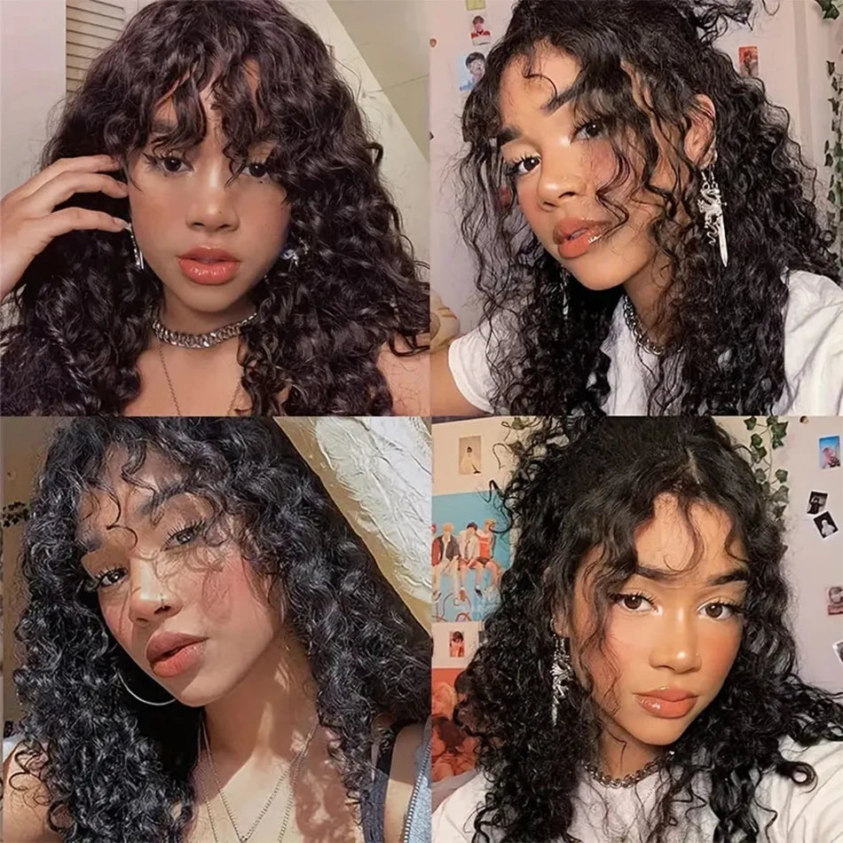 Long Water Wave Wigs For Black Women Malaysian Curly Human Hair Wigs With Bangs Full Machine Made Wigs Cheap Remy Human Hair Wig