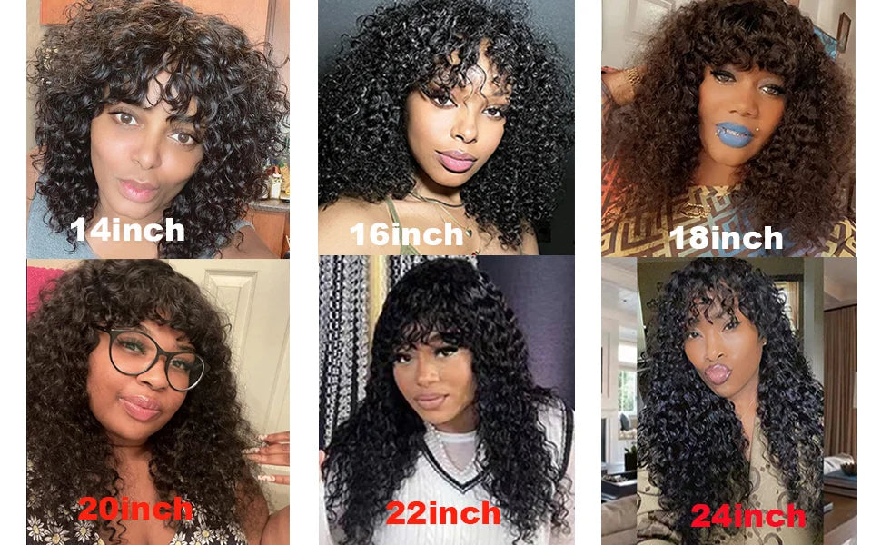 Long Water Wave Wigs For Black Women Malaysian Curly Human Hair Wigs With Bangs Full Machine Made Wigs Cheap Remy Human Hair Wig