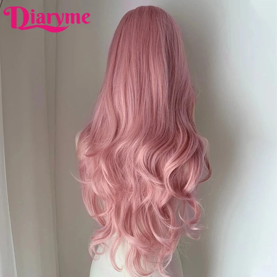 Synthetic Lace Front Wig Long Curly Hair Women Wigs Lace Wig For Women cosplay Wig Long Wavy Lolita Pink Wig Female Heat Resista