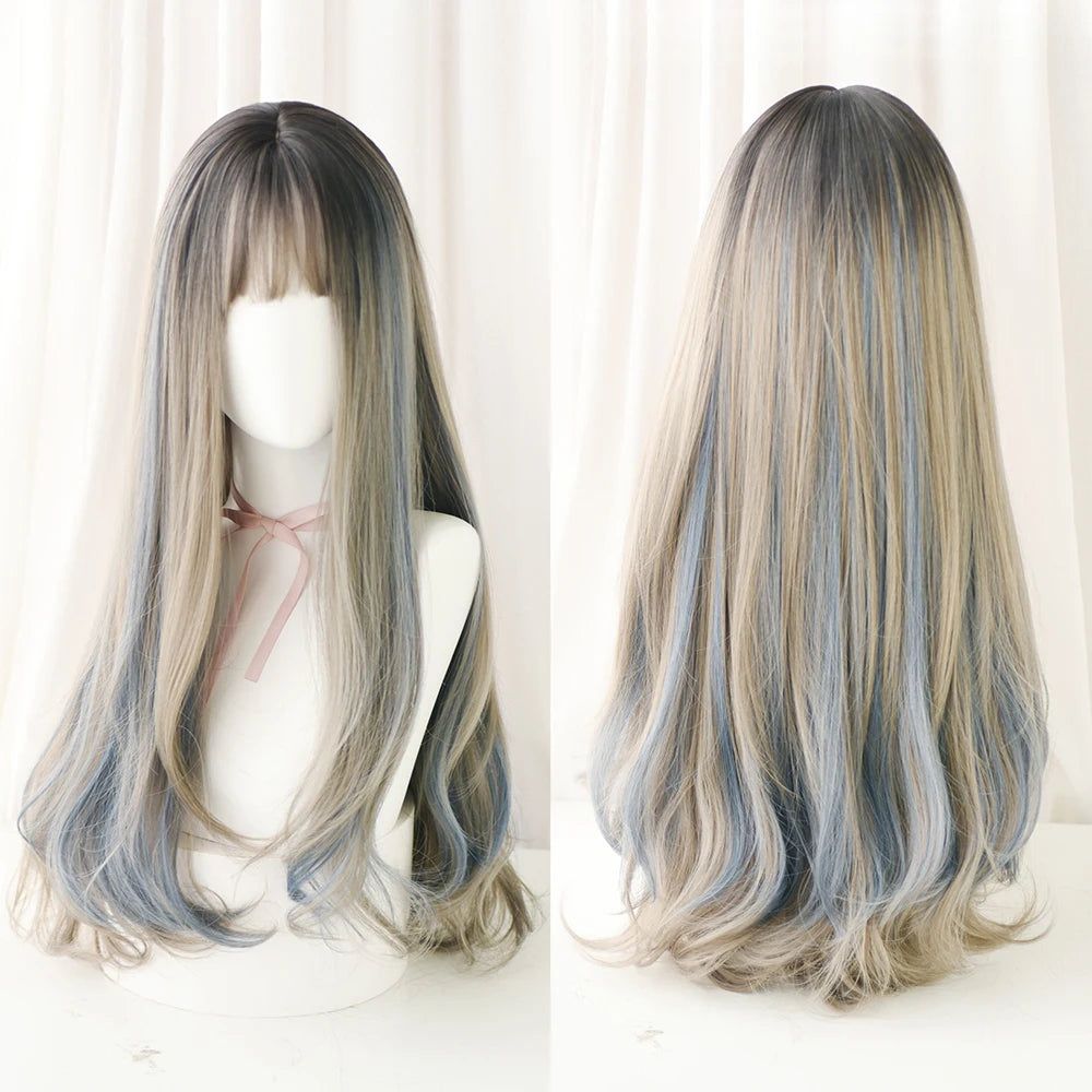 Long Curly Hair Women Wig with Bangs Daily Brown Black Pink Lolita Cosplay Braided Wigs Heat Resistant Fiber Party Fake Hair