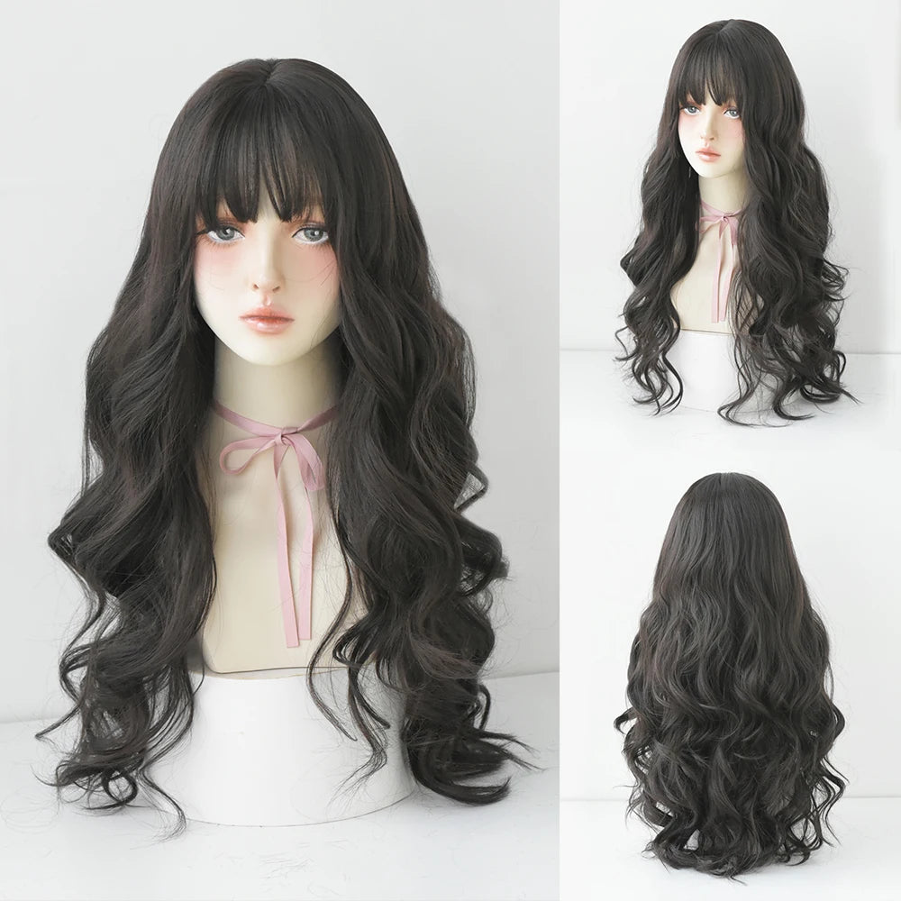 Long Curly Hair Women Wig with Bangs Daily Brown Black Pink Lolita Cosplay Braided Wigs Heat Resistant Fiber Party Fake Hair