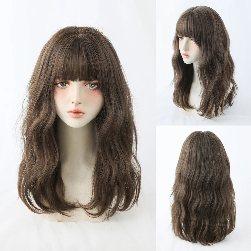 Long Curly Hair Women Wig with Bangs Daily Brown Black Pink Lolita Cosplay Braided Wigs Heat Resistant Fiber Party Fake Hair
