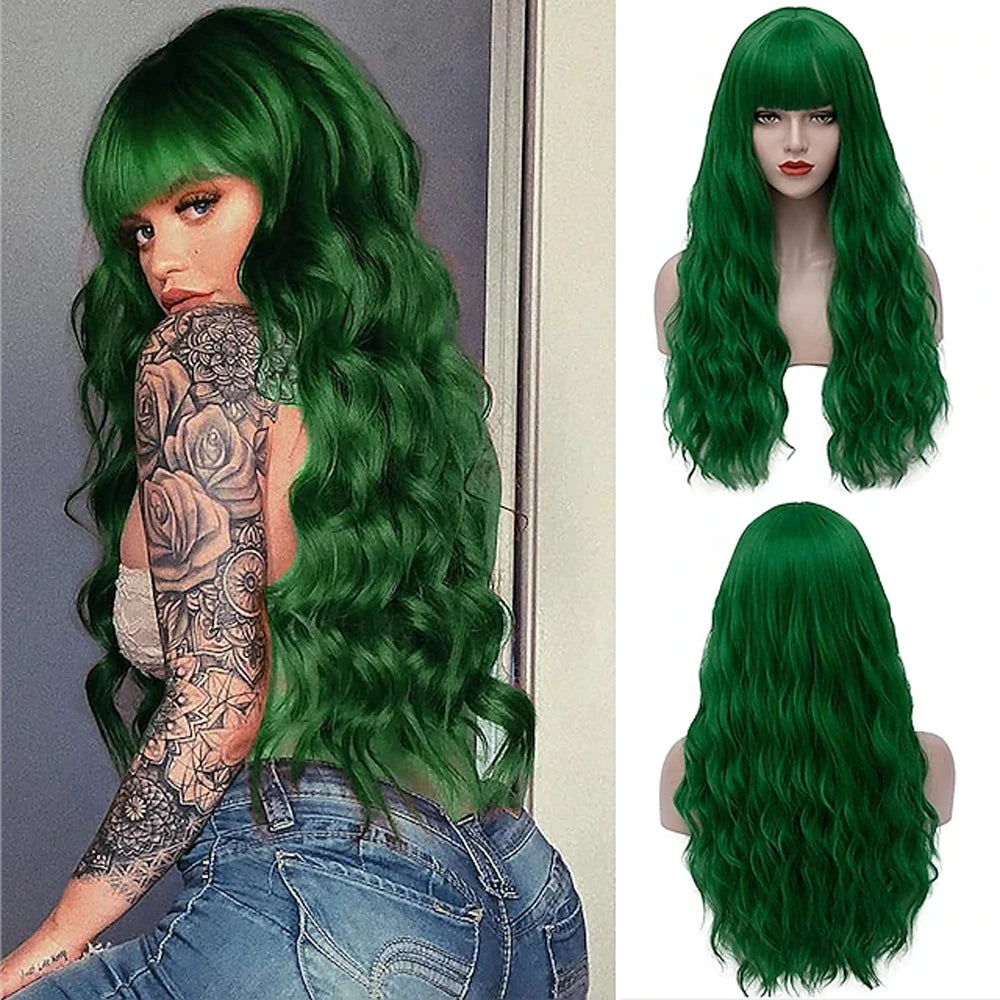 HAIRJOY Women Long Curly Hair Wave Wig  with Bangs Synthetic Heat-resistant Hair Wig  for Daily Party Cosplay Costumes Wigs