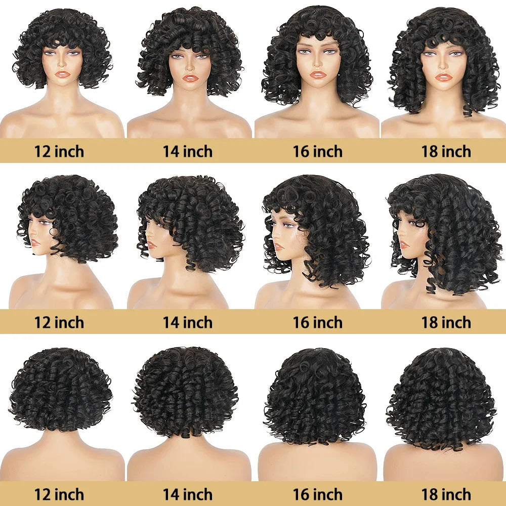 Short Loose Curly Human Hair With Bangs For Women Natural Black Bouncy Rose Curl Wig With Bangs Short Big Curly Glueless Wigs