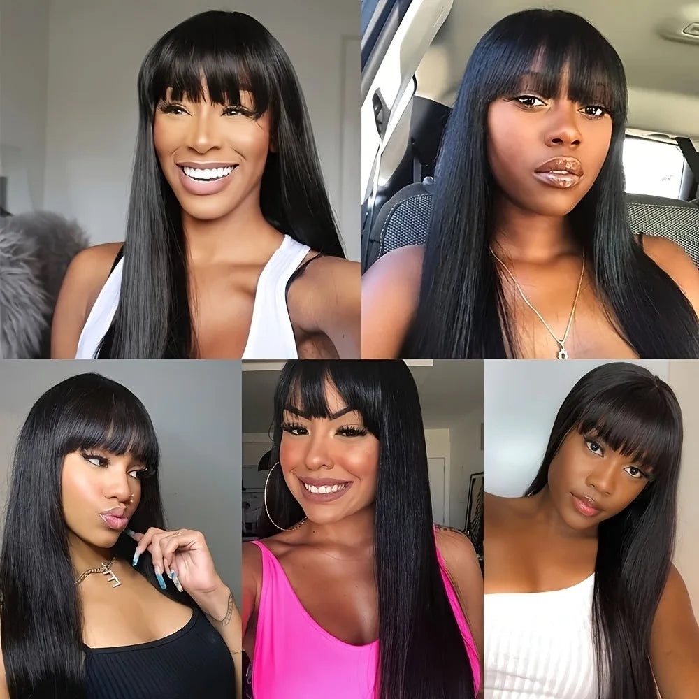 26" Long Straight Synthetic Wig for Women with Bangs - Heat Resistant, Natural Soft Hair