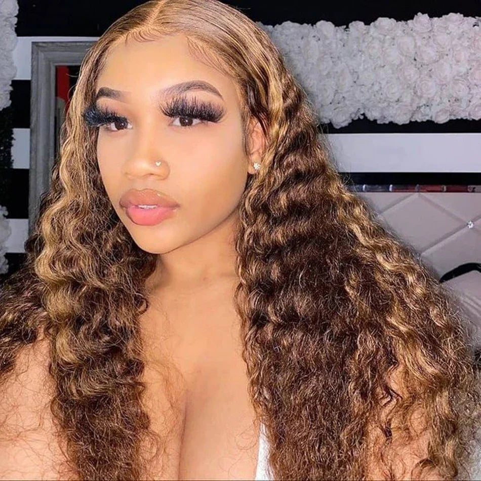 P427 Curly Highlight Wig Human Hair 13x4 HD Lace Frontal Wigs Preplucked 200 Density    100% Human Hair Deep Wave wig For Women