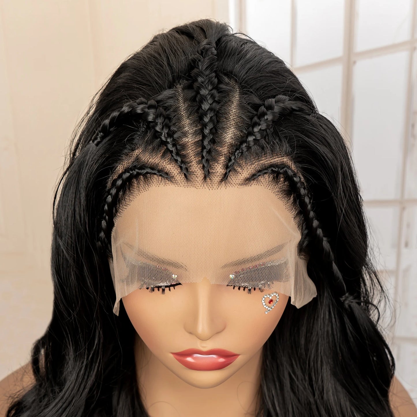 26 Inches Long Wavy Curly with Braids Synthetic Hair 13x4 Lace Front Wigs for Women Natural Color Wig for Daily Party Use