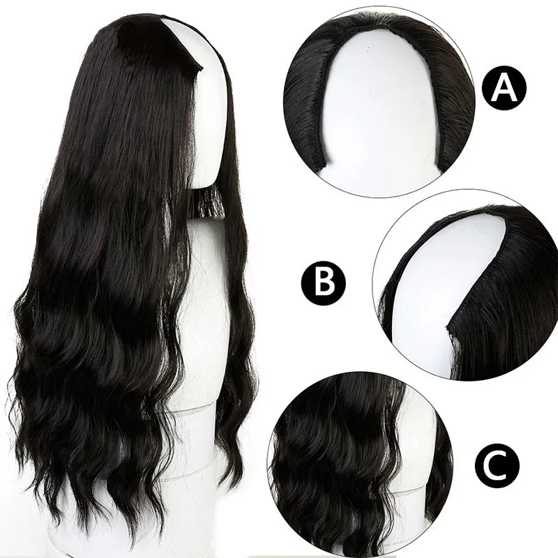 Long Wavy Culry U-Shaped Half Wig for Women 24" Natural Female Long Black Brown Wigs Heat Resistant Synthetic Hair Extensions