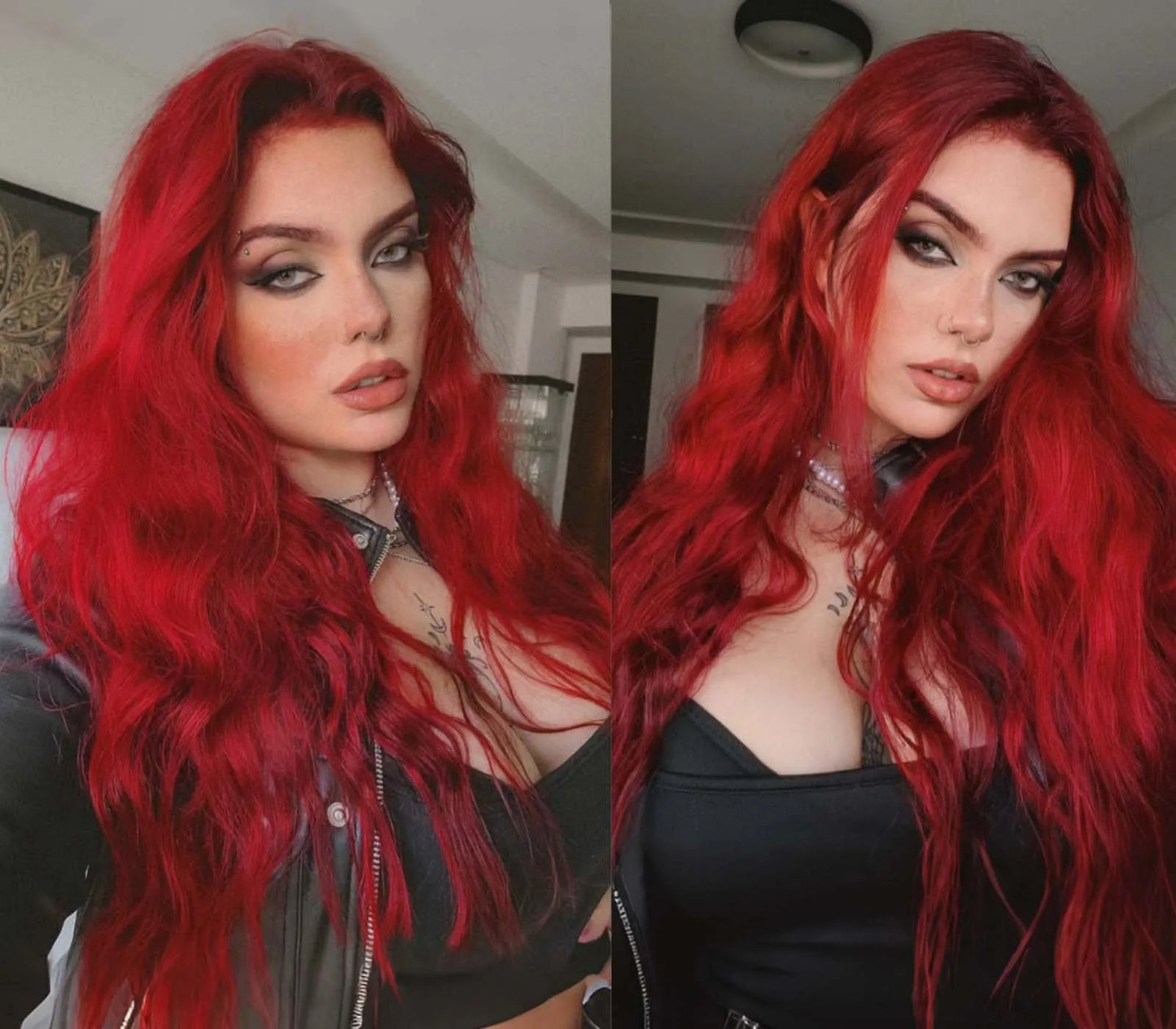 Long Red Wavy Wigs for Women Synthetic Hair Middle Part Natural Curly Loose Deep Wave 13X4 Lace Front Wigs for Daily Party