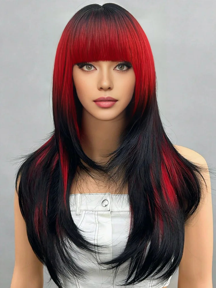 Wigs for women long straight hair heat-resistant synthetic fiber 25 inches black and red abalone head with bangs full wig