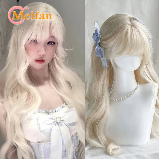 Long Blonde Wavy Synthetic Wigs with Bangs Cosplay Lolita Party Hair Wigs for Women Natural Wig Daily Use Halloween Wig