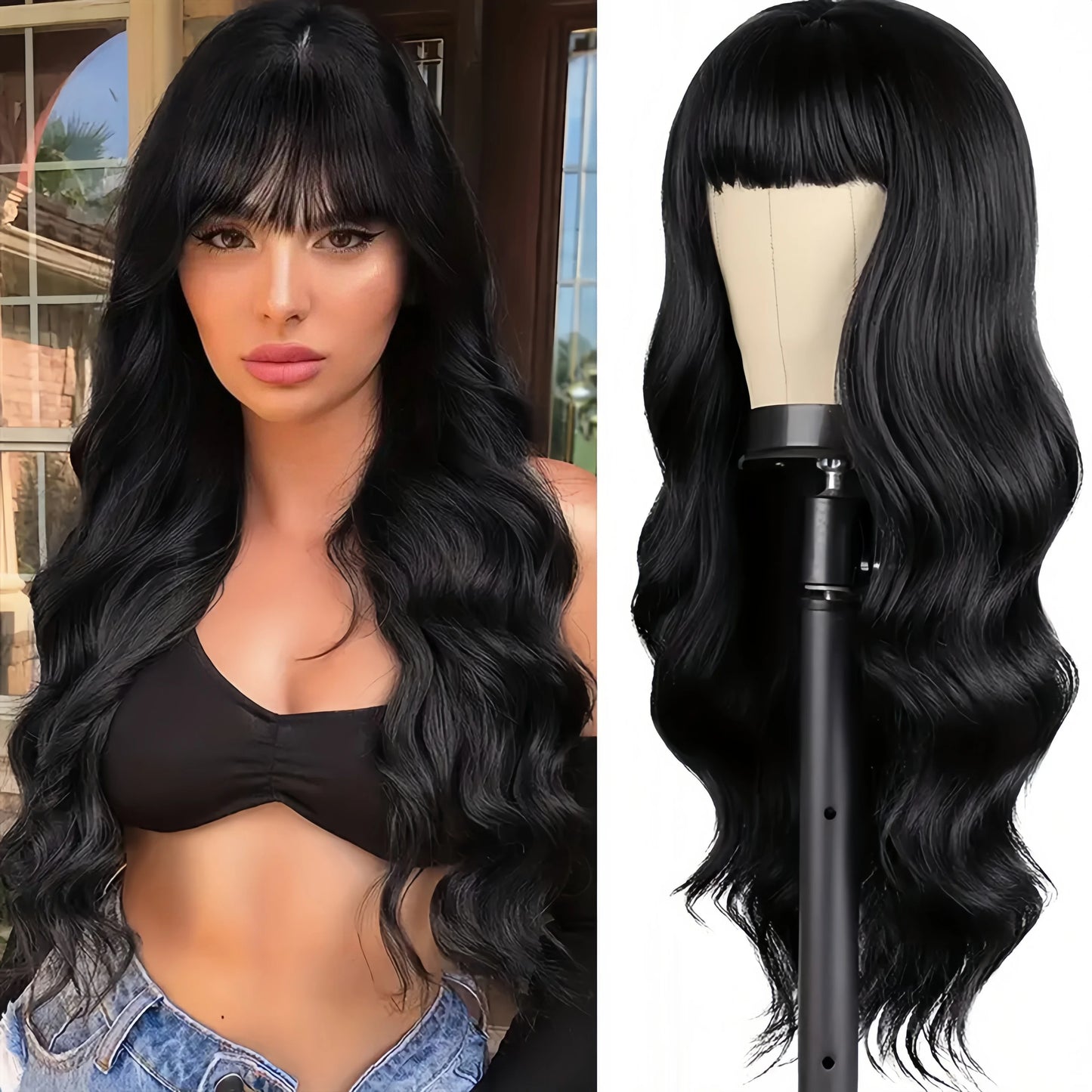 Popular synthetic wigs for women with bangs and long, shaggy curly hair Festival party daily wear chemical fiber head wig