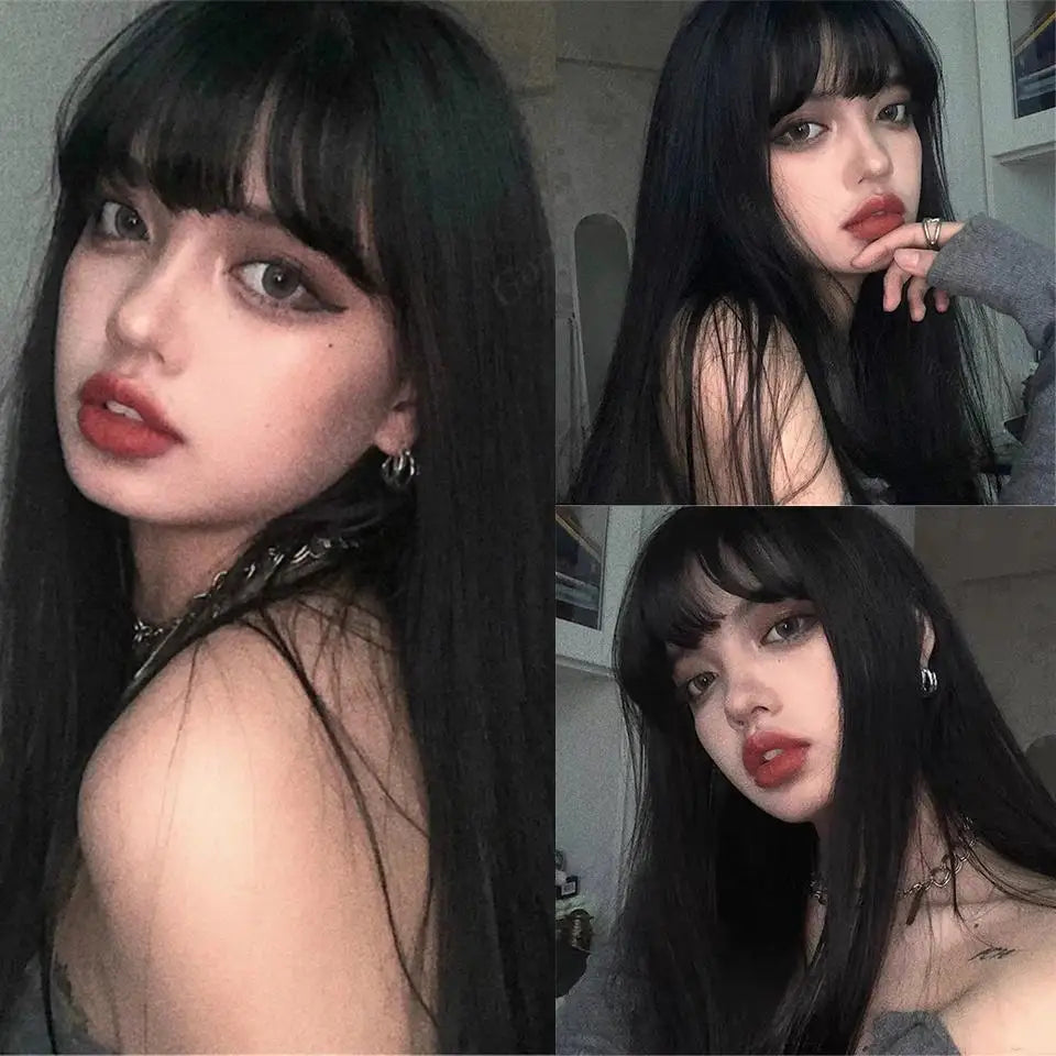 28inches Long Black Straight Wig with Bangs for Women Heat Resistant Fashionable Elegant Synthetic Wig for Cosplay and Party