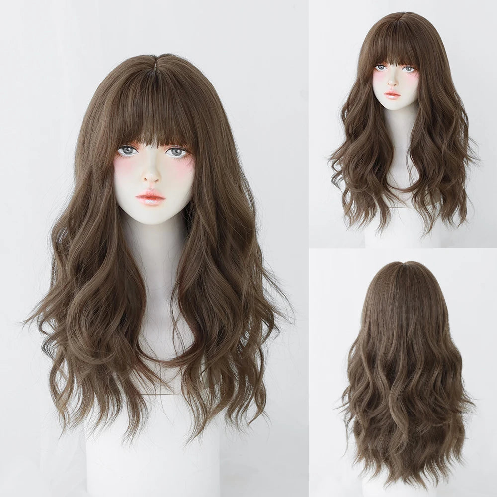 Long Curly Hair Women Wig with Bangs Daily Brown Black Pink Lolita Cosplay Braided Wigs Heat Resistant Fiber Party Fake Hair