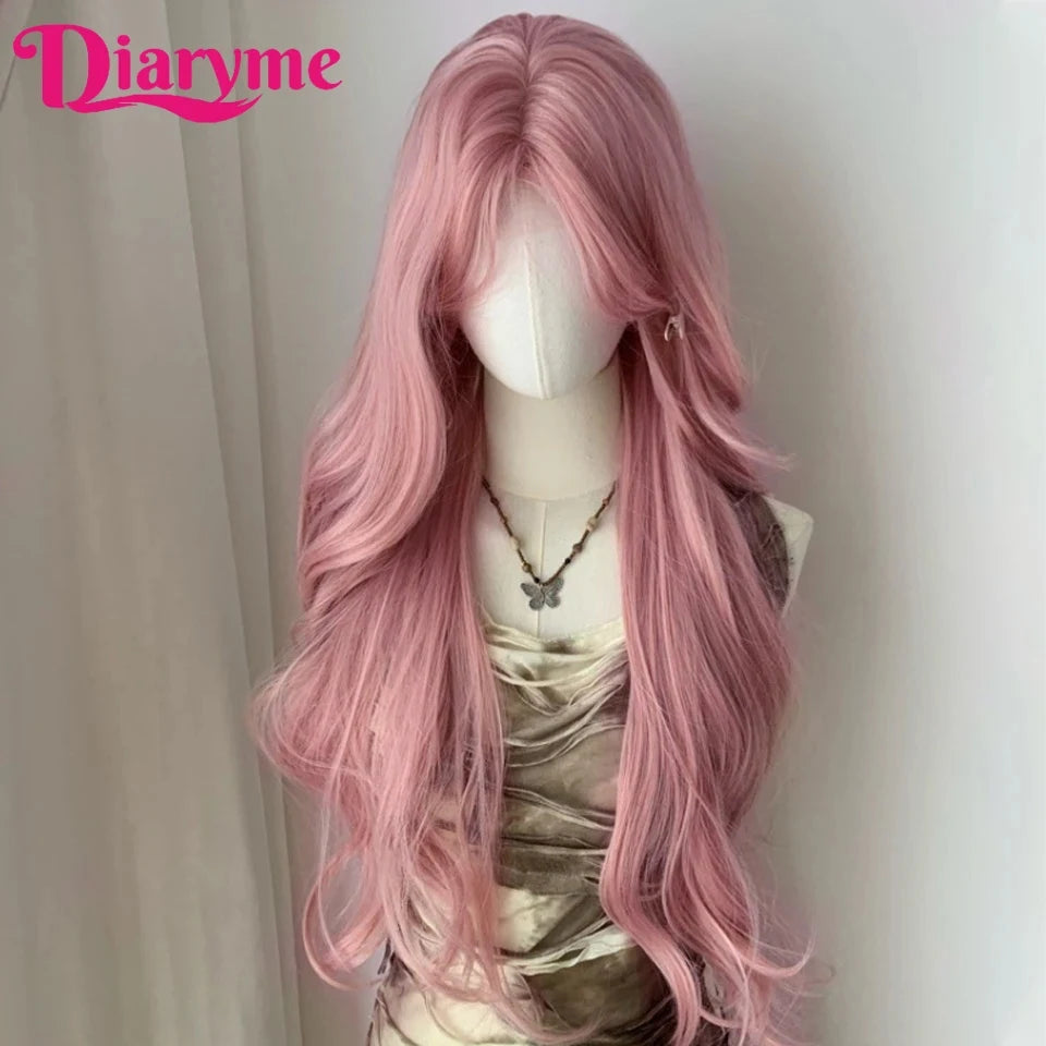 Synthetic Lace Front Wig Long Curly Hair Women Wigs Lace Wig For Women cosplay Wig Long Wavy Lolita Pink Wig Female Heat Resista