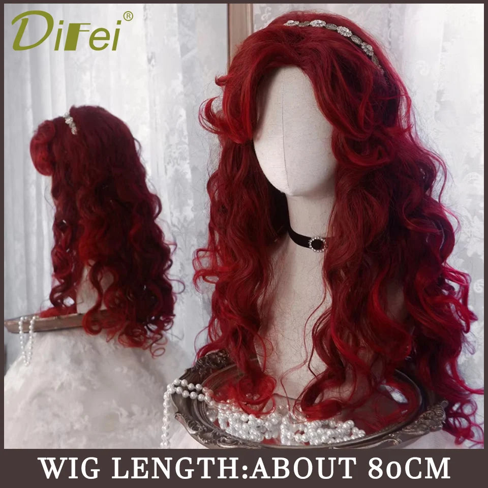 120cm Long Wavy Hair Synthetic Wigs Female Red Brown Coaplay Lolita Wig With Bangs Natural Hair Wigs Women Heat Fesistant  Fiber