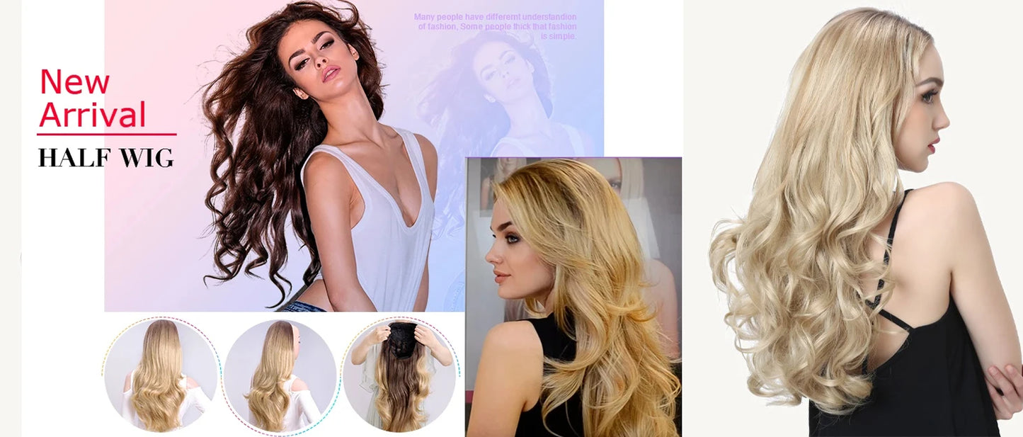 24 Inch Synthetic Long Wavy Head Tied  3/4 Half Wigs for Women With Clips In, Hair Extension Blonde Wigs