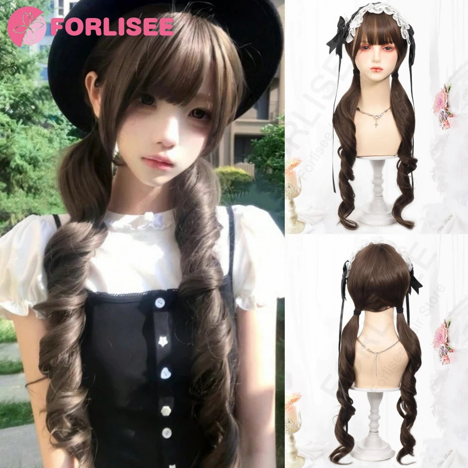 Double Ponytail Hazelnut Gray Brown Long Curly Hair with Bangs Synthetic Heat Resistant Fiber Wig Suitable for Women Daily Party