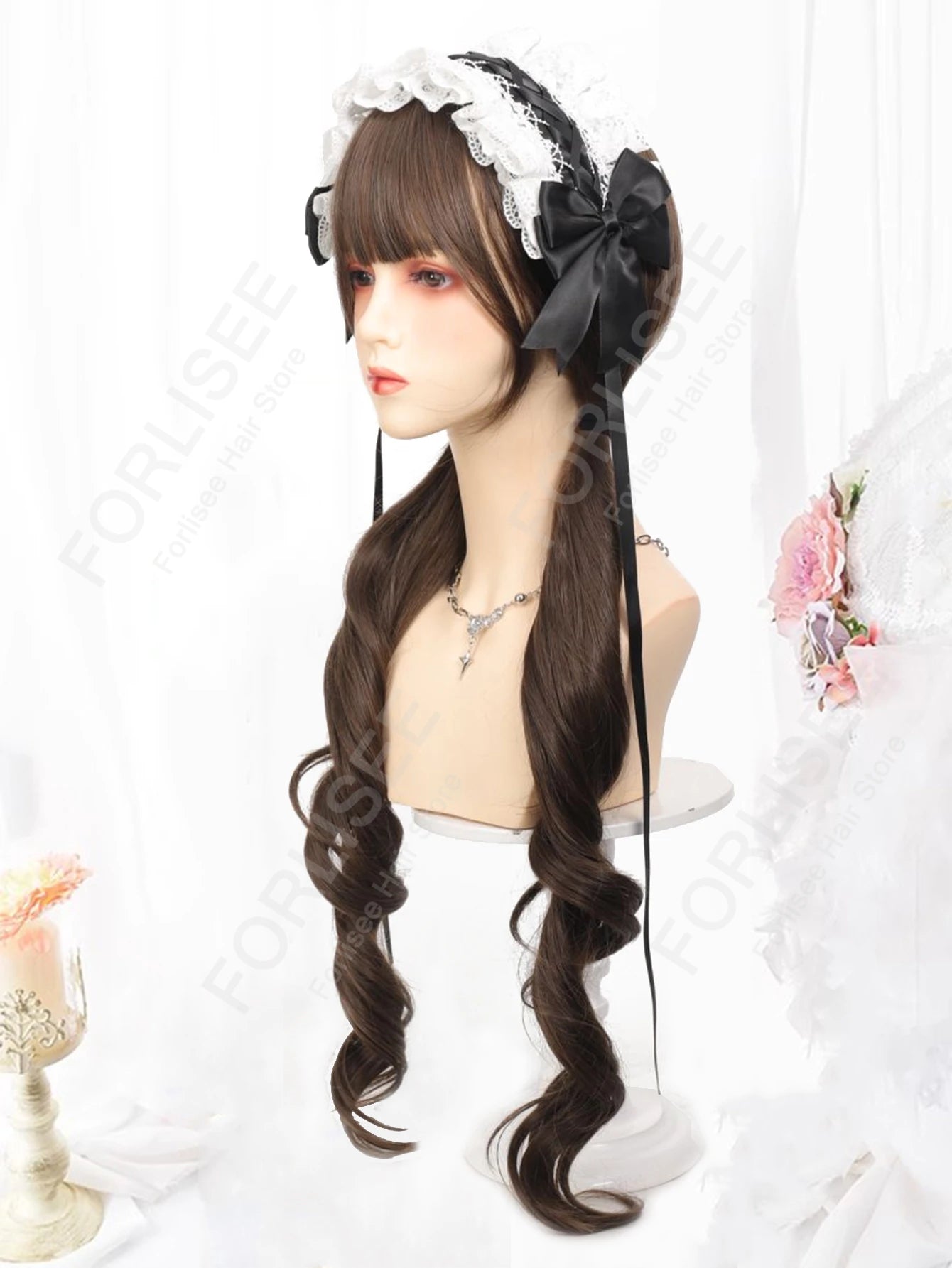 Double Ponytail Hazelnut Gray Brown Long Curly Hair with Bangs Synthetic Heat Resistant Fiber Wig Suitable for Women Daily Party