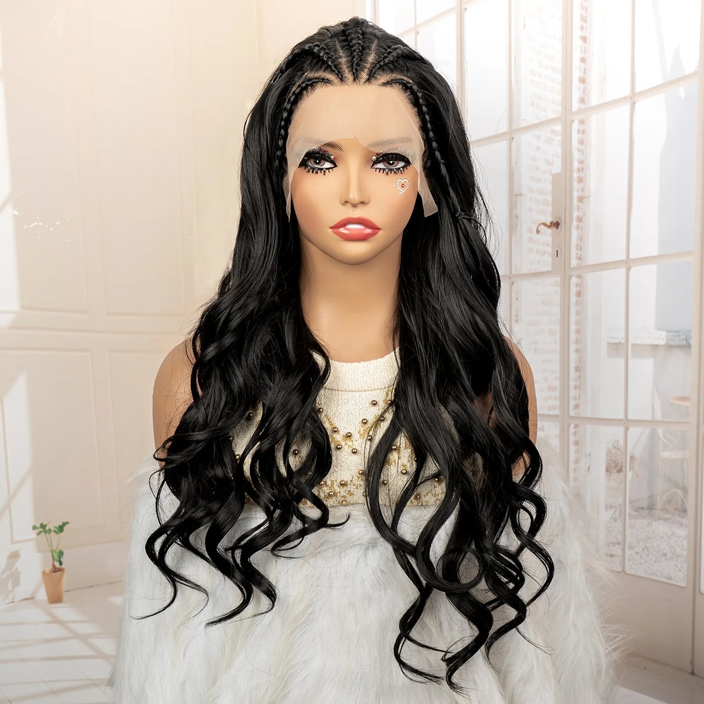 26 Inches Long Wavy Curly with Braids Synthetic Hair 13x4 Lace Front Wigs for Women Natural Color Wig for Daily Party Use