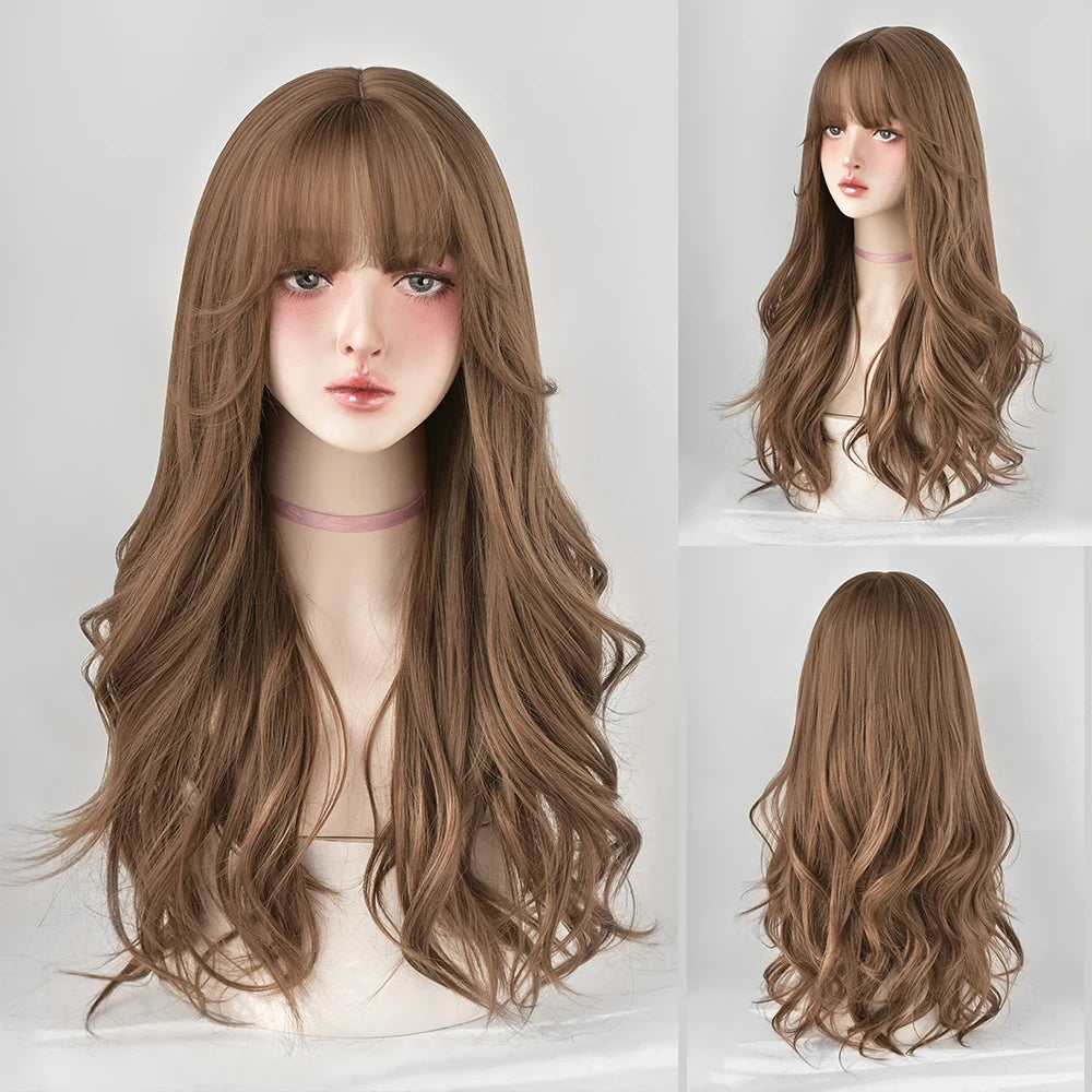 Long Curly Hair Women Wig with Bangs Daily Brown Black Pink Lolita Cosplay Braided Wigs Heat Resistant Fiber Party Fake Hair