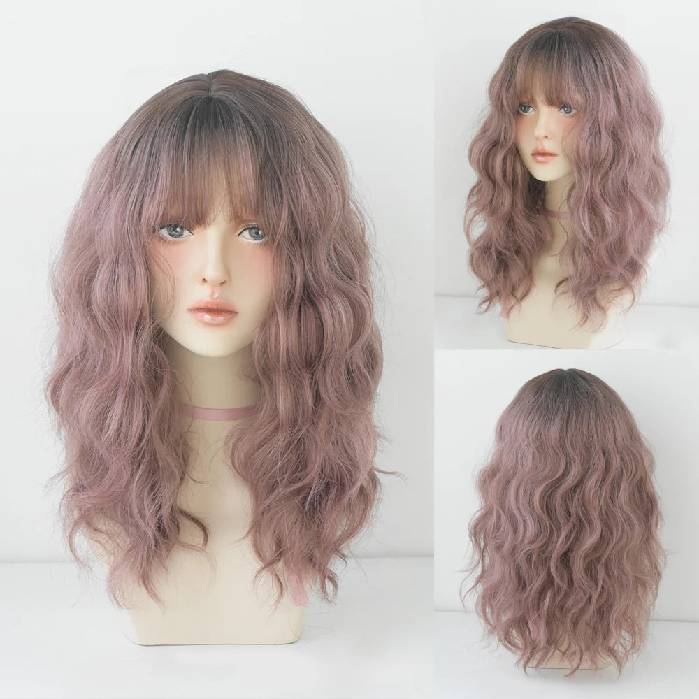 Long Curly Hair Women Wig with Bangs Daily Brown Black Pink Lolita Cosplay Braided Wigs Heat Resistant Fiber Party Fake Hair