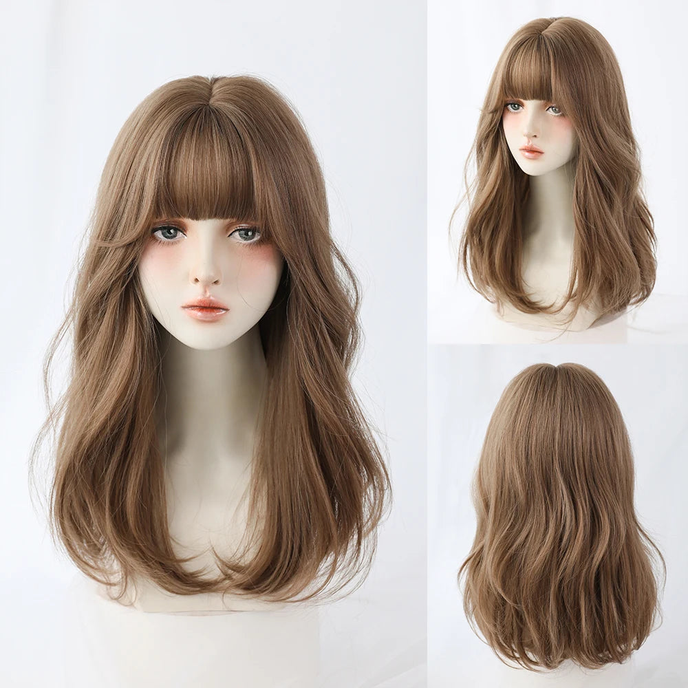 Long Curly Hair Women Wig with Bangs Daily Brown Black Pink Lolita Cosplay Braided Wigs Heat Resistant Fiber Party Fake Hair