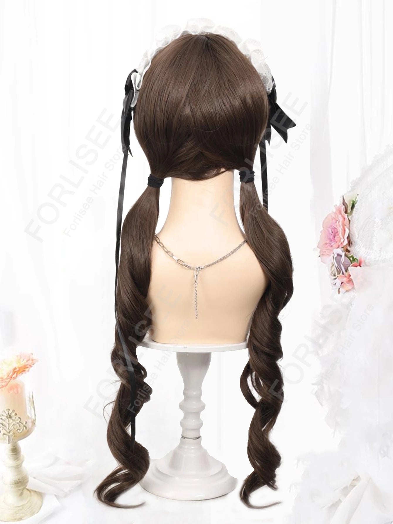 Double Ponytail Hazelnut Gray Brown Long Curly Hair with Bangs Synthetic Heat Resistant Fiber Wig Suitable for Women Daily Party