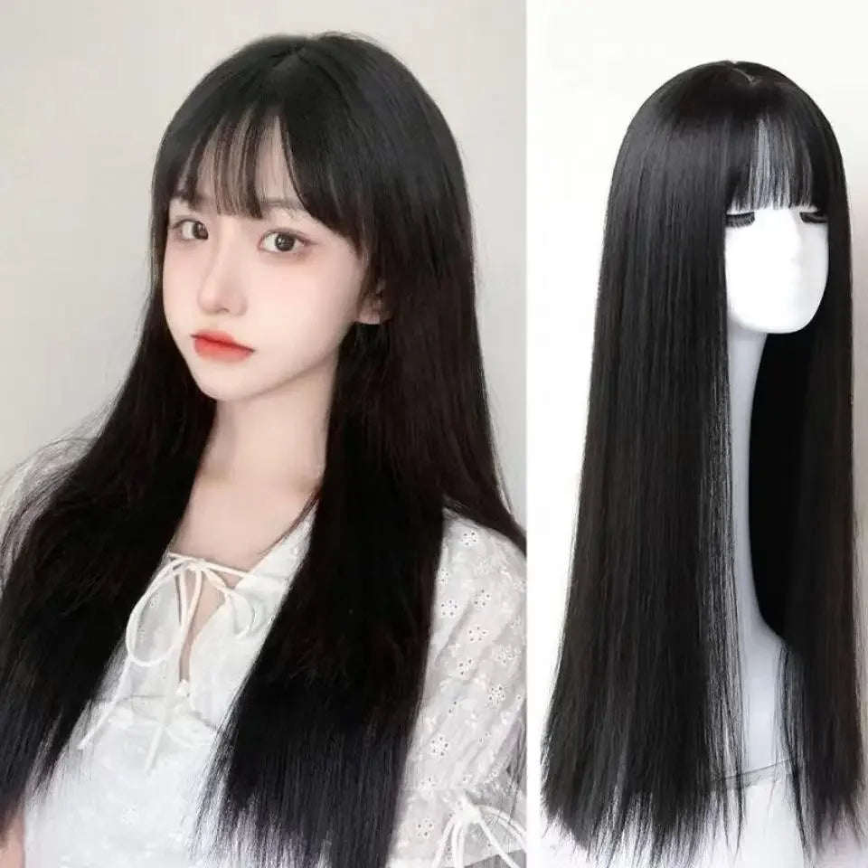 28inches Long Black Straight Wig with Bangs for Women Heat Resistant Fashionable Elegant Synthetic Wig for Cosplay and Party