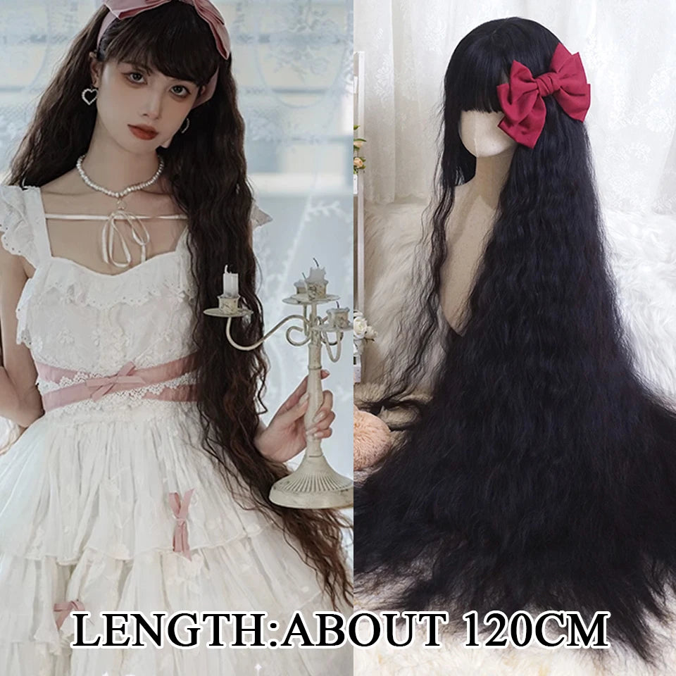 120cm Long Wavy Hair Synthetic Wigs Female Red Brown Coaplay Lolita Wig With Bangs Natural Hair Wigs Women Heat Fesistant  Fiber