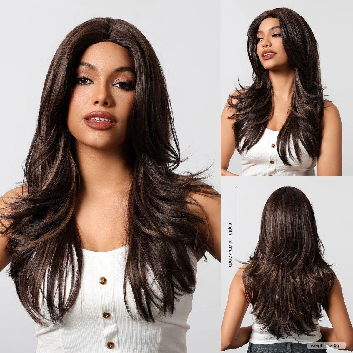 Long Curly Wavy Brown Wigs Highlights Brown Hair Synthetic Wigs For Women Daily Middle Part Natural Looking Wig High Temperature