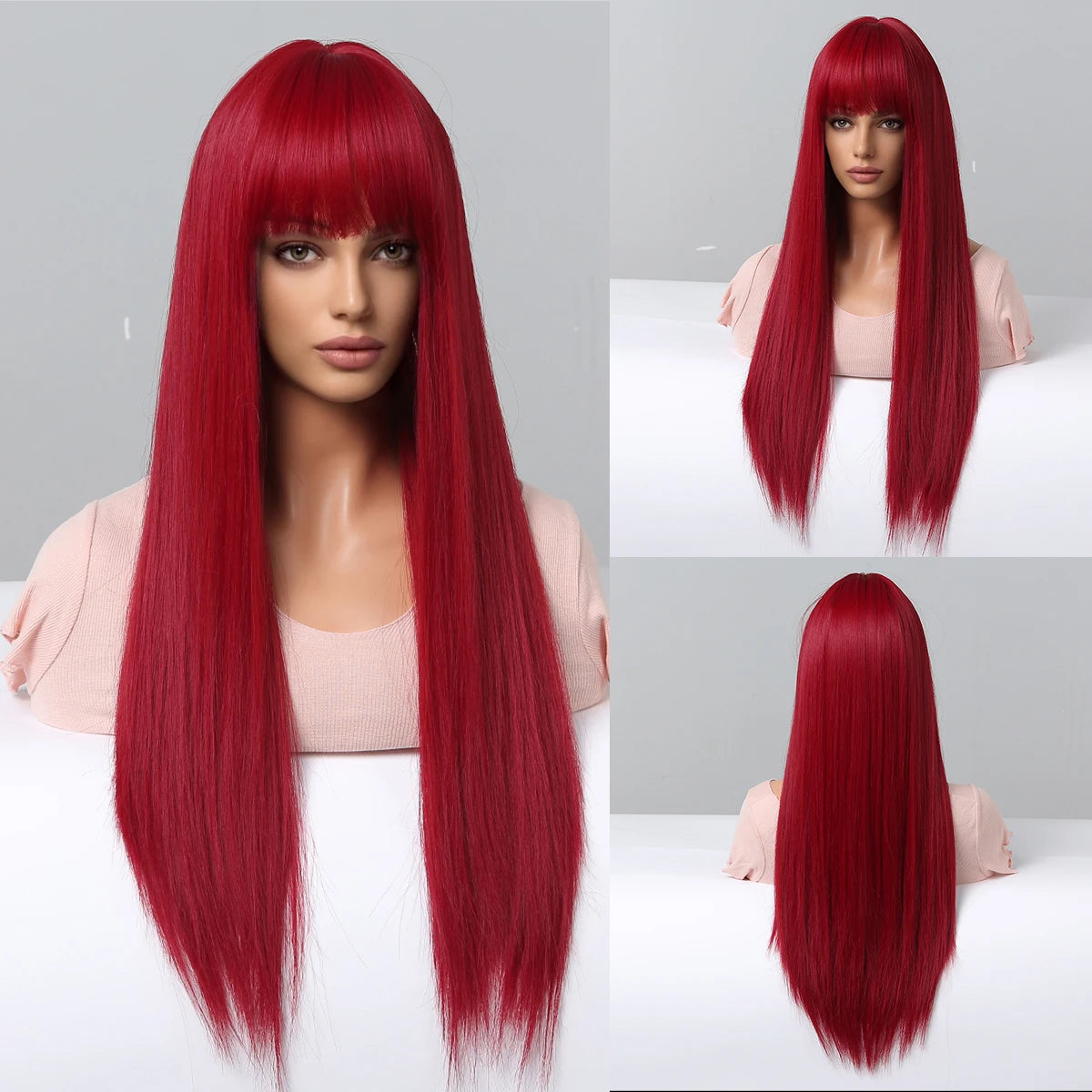 Light Wine Red Synthetic Wigs With Bangs for Women Long Straight Hair Wig Natural Cosplay Party Heat Resistant