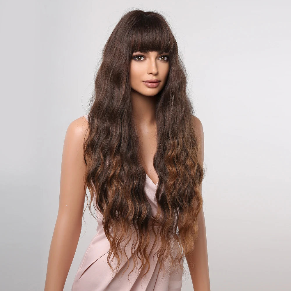 Long Wavy Synthetic Wigs for Women Ombre Brown Blonde Curly Wigs With Bangs Daily Cosplay Party Fake Hair Heat Resistant