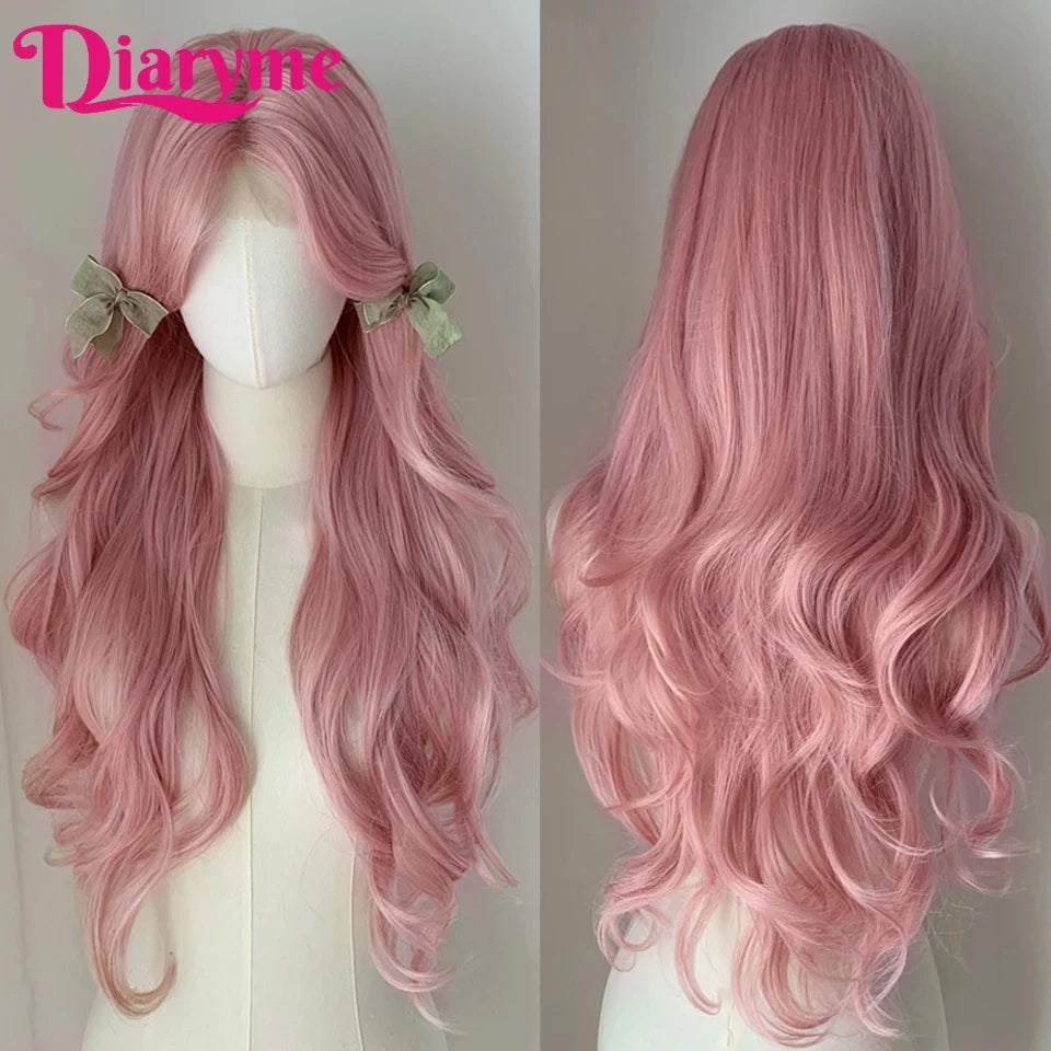 Synthetic Lace Front Wig Long Curly Hair Women Wigs Lace Wig For Women cosplay Wig Long Wavy Lolita Pink Wig Female Heat Resista