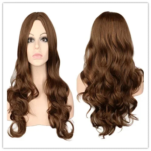 QQXCAIW Women Long Wavy Wig Cosplay Black Red Pink Blonde Light Brown Dark Brown Heat Resistant Synthetic Hair Wigs