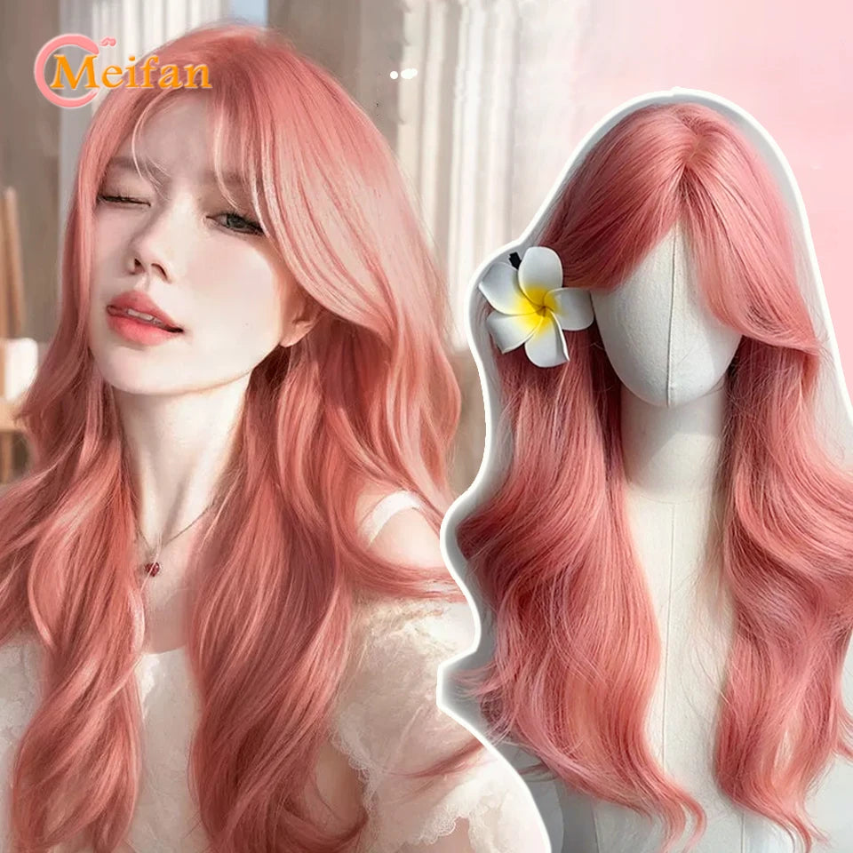Long Blonde Wavy Synthetic Wigs with Bangs Cosplay Lolita Party Hair Wigs for Women Natural Wig Daily Use Halloween Wig