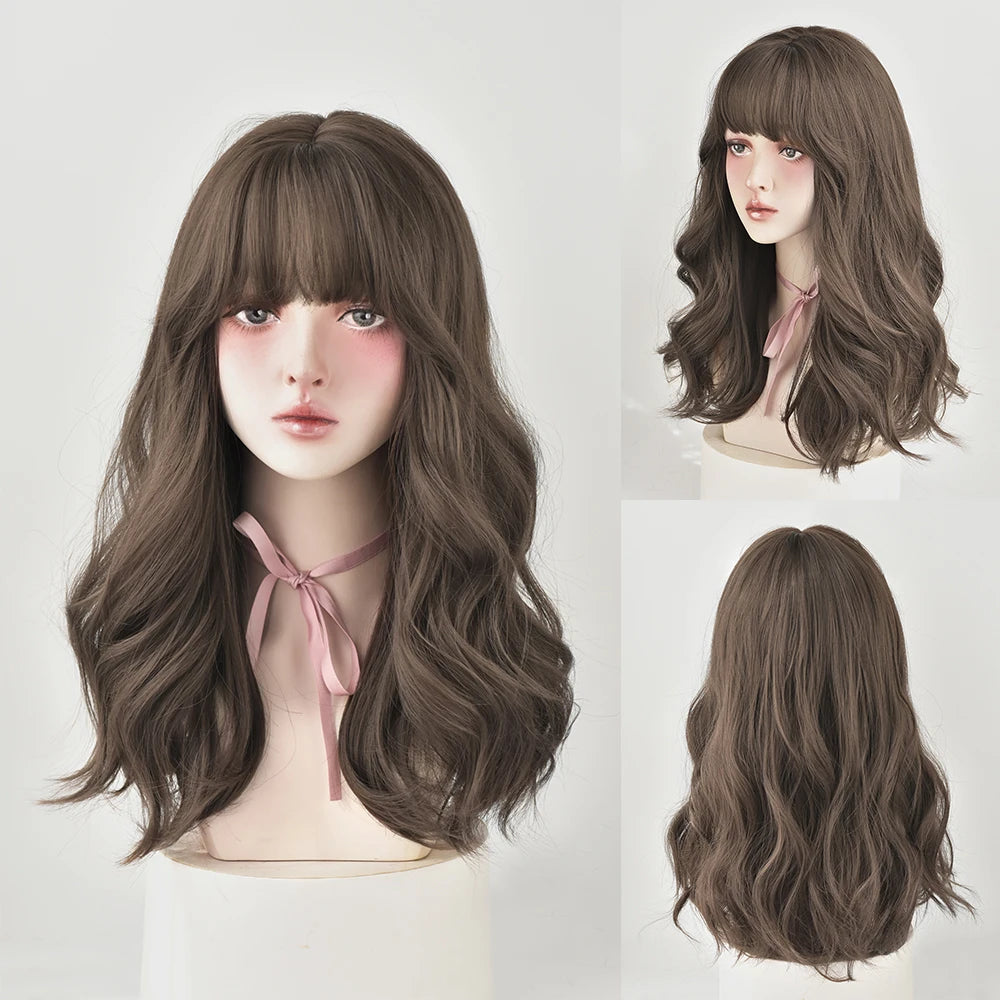 Long Curly Hair Women Wig with Bangs Daily Brown Black Pink Lolita Cosplay Braided Wigs Heat Resistant Fiber Party Fake Hair